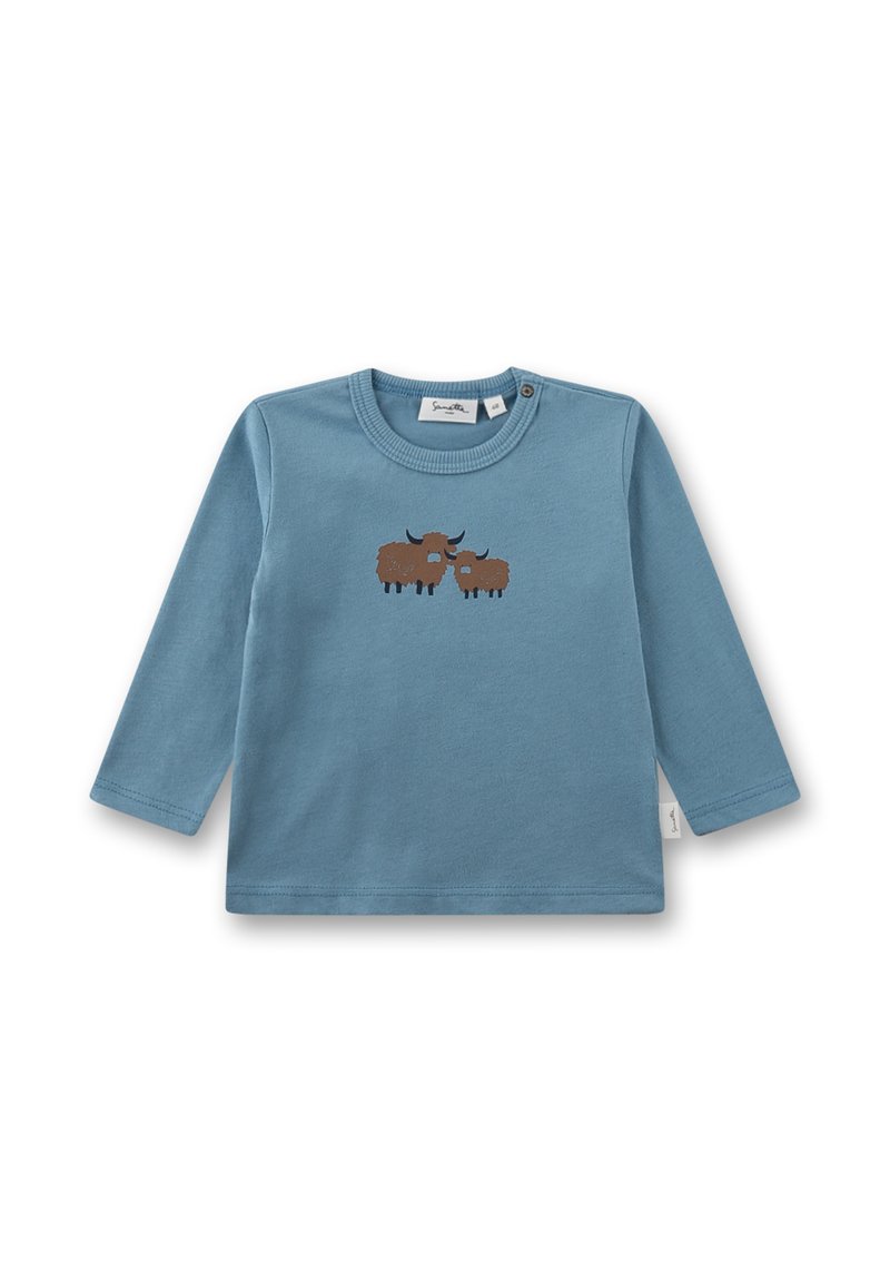 Blaues langärmeliges Baumwollhemd mit braunem gesticktem Design von zwei Tieren auf der Vorderseite, mit Rundhalsausschnitt und Druckknopf an der Schulter.
