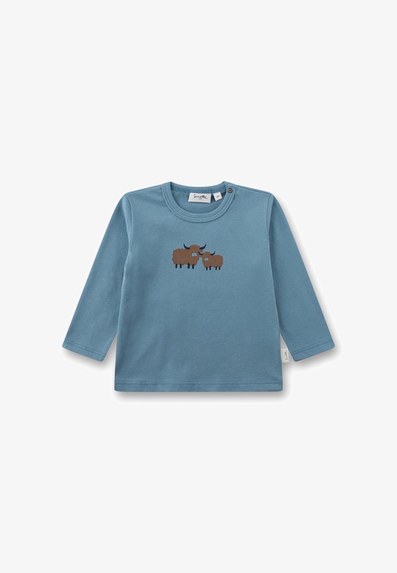 Blaues langärmeliges Baumwollhemd mit braunem gesticktem Design von zwei Tieren auf der Vorderseite, mit Rundhalsausschnitt und Druckknopf an der Schulter.