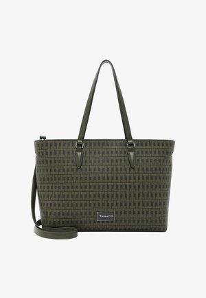 Sac fourre-tout en vert olive à motif, avec deux poignées, une bandoulière réglable et une plaque de logo. Fabriqué en matériau durable avec une texture lisse.