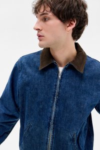Ung mand med kort brunt hår, iført en blå denimjakke med mørkebrun krave, som ser til venstre mod en hvid baggrund.