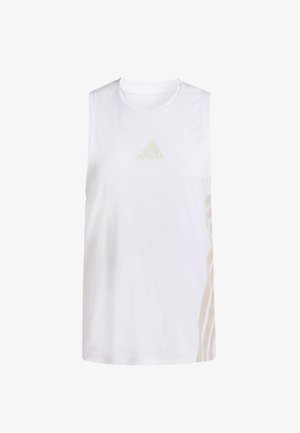 White sleeveless athletic shirt with beige Adidas logo on chest and beige stripes along right side seam.