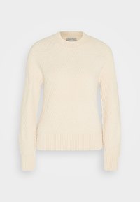 Pull en maille torsadée de couleur crème, à manches longues, avec des poignets, un ourlet et un col rond côtelés.