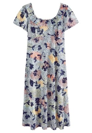 Robe fleurie avec un col arrondi, des manches courtes et un motif multicolore sur un tissu léger aux nuances de bleu, jaune et rose.