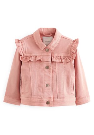 Różowa kurtka dżinsowa z falbankami na klatce piersiowej i ramionach, metalowymi zatrzaskami z przodu oraz dwoma bocznymi kieszeniami.