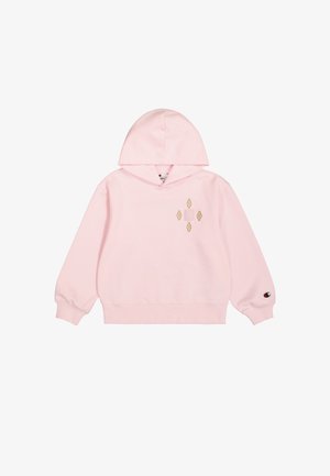 Helle rosa Kapuzenjacke aus weichem Stoff, mit einem Logo auf der Vorderseite, langen Ärmeln und einer Kordelzugkapuze. Rippenbündchen und Saumdetails.
