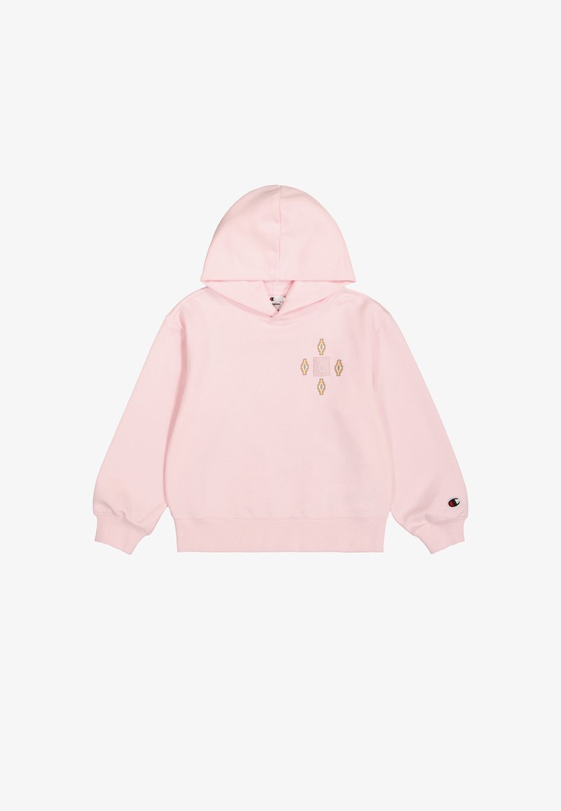 Hoodie rosa chiaro realizzato in tessuto morbido, con logo frontale, maniche lunghe e cappuccio con coulisse. Dettagli a costine sui polsini e sull'orlo.