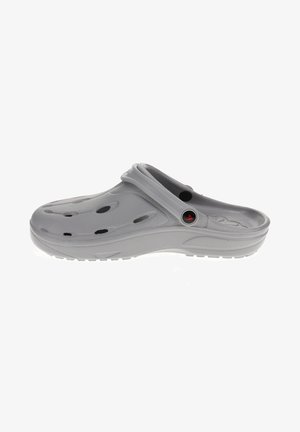 Gray clog made of lightweight material, featuring ventilation holes, a raised back strap, and a textured sole for grip.