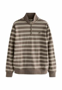 Brun kvart-zip pullover med hvide vandrette striber, ribbede manchetter og kant samt et lille broderet logo på brystet. Blød stoftekstur.