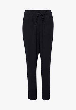 Črne, lahke hlače z elastiko v pasu in nastavljivim vrvico. Ravnana kroja z gladko teksturo in brez vzorcev.