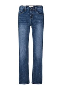 Blauwe spijkerbroek met een rechte pijp, versierd met verspreide witte en zilveren details, vijf zakken en een knoopsluiting.