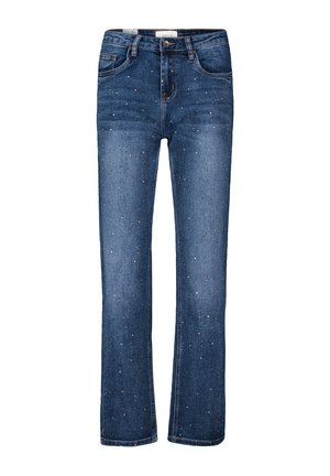 Blaue Denim-Jeans mit geradem Bein-Design, verziert mit verstreuten weißen und silbernen Verzierungen, fünf Taschen und einem Knopfverschluss.