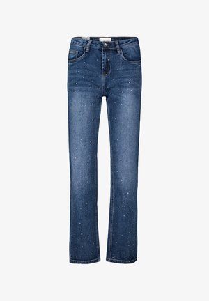 Blaue Denim-Jeans mit geradem Bein-Design, verziert mit verstreuten weißen und silbernen Verzierungen, fünf Taschen und einem Knopfverschluss.