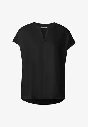 Schwarzes kurzärmeliges Oberteil mit V-Ausschnitt, aus glattem Stoff gefertigt. Verfügt über einen abgerundeten Saum und ein minimalistisches Design. Keine sichtbaren Muster oder Akzente.