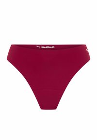 Culotte de bikini pour femmes sans couture en bordeaux avec les logos Modibodi et Puma sur la taille, sur fond blanc.