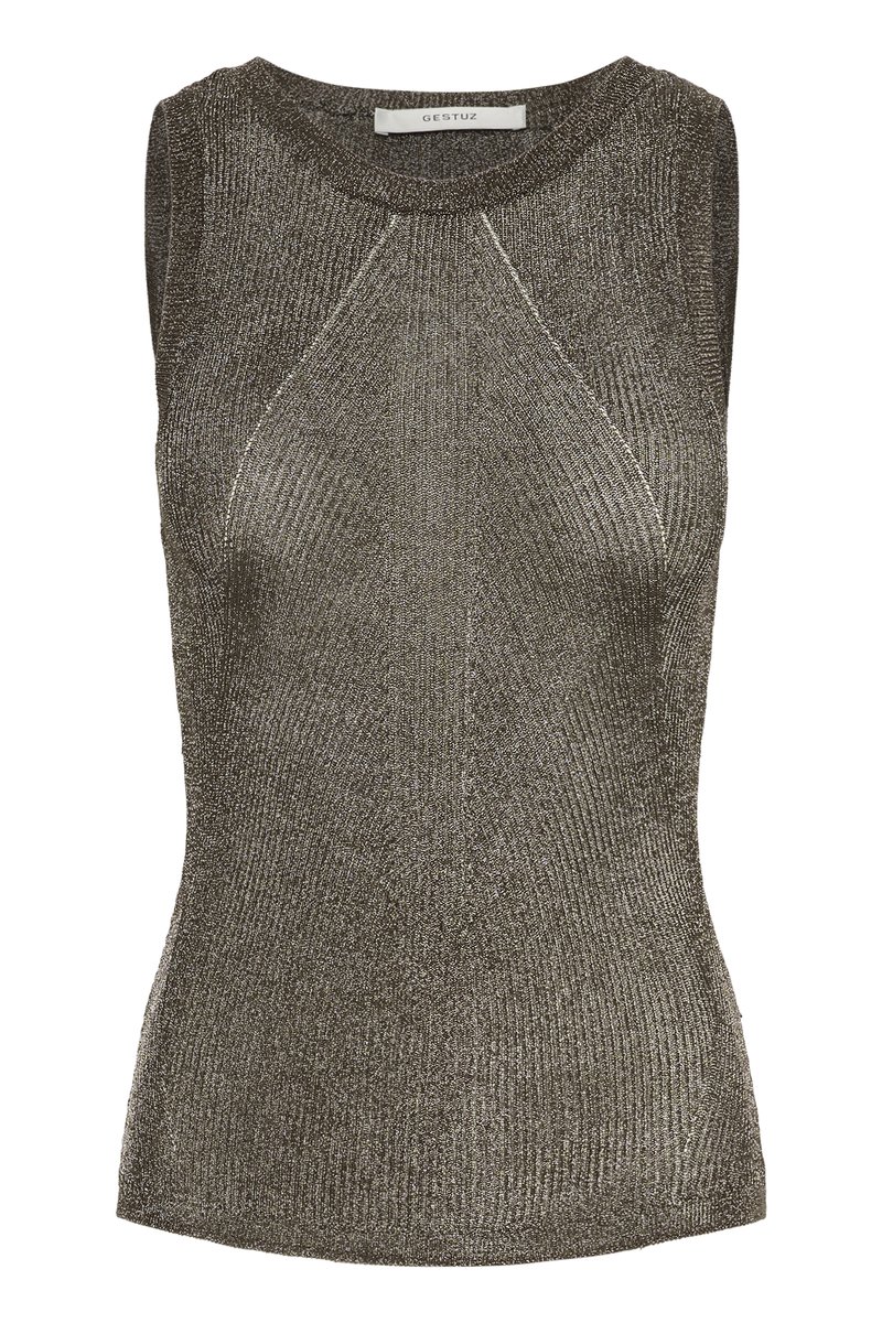 Sleeveless metallic knit top with crew neckline, ribbed texture, and fitted silhouette by Gestuz.