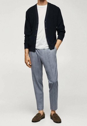 Cardigan a maglia navy sopra una t-shirt bianca, pantaloni grigi su misura e mocassini marroni. Design aperto con bottoni, vestibilità comoda.