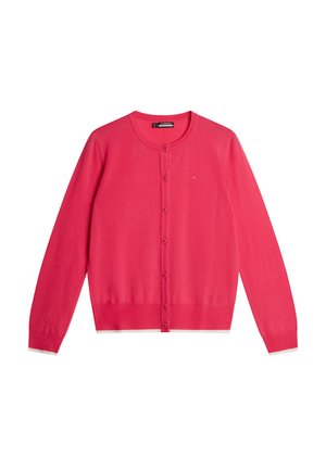 Cardigan rosa realizzato in morbido tessuto a maglia, con scollatura rotonda, sette bottoni sul davanti e polsini e fondo a coste.