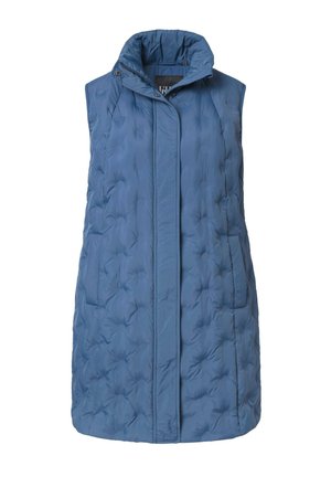 Chaleco largo sin mangas acolchado azul con cuello alto, cierre frontal cubierto por una tapeta de botones a presión y bolsillos laterales.