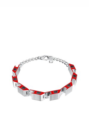 Silberarmband mit verbundenen geometrischen Formen, verziert mit roten und schwarzen Emaille-Details und einem Kettenverschluss.