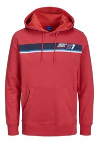 Sudadera con capucha roja y bolsillo tipo canguro, franjas azul marino y blanca en el pecho, y logo "JACK & JONES ORIGINALS" en el lado izquierdo.