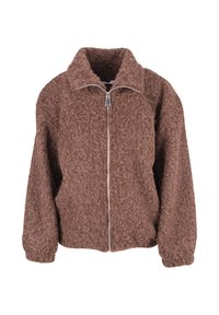 Braune, kuschelige Zip-Jacke mit hohem Kragen, ausgestattet mit einem silbernen Reißverschluss und einem lässigen Schnitt. Weiche Textur, leicht übergroße Passform.