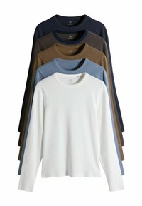 Set aus fünf Langarm-T-Shirts in verschiedenen Farben: Weiß, Blau, Braun, Oliv und Dunkelblau, mit Rundhalsausschnitt und geripptem Struktur.