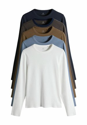 Set aus fünf Langarm-T-Shirts in verschiedenen Farben: Weiß, Blau, Braun, Oliv und Dunkelblau, mit Rundhalsausschnitt und geripptem Struktur.