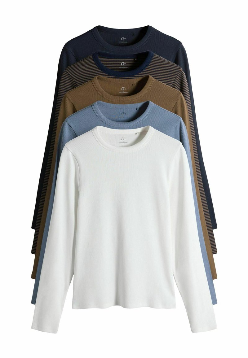 Set aus fünf Langarm-T-Shirts in verschiedenen Farben: Weiß, Blau, Braun, Oliv und Dunkelblau, mit Rundhalsausschnitt und geripptem Struktur.
