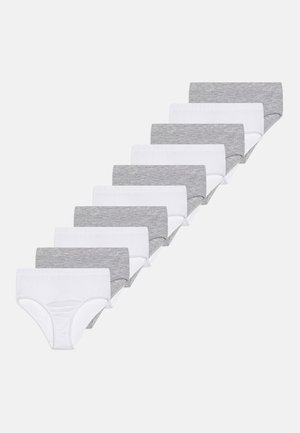 Cotton underwear set featuring five pairs in gray and five pairs in white. Each pair has an elastic waistband and a classic brief design.
