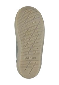 Gummisohlen mit strukturiertem Griff, der diagonale Linien aufweist. Geprägt mit den Aufschriften "ROLL-OFF" und "Richter". Farbe: Beige.