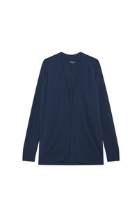 Cardigan blu navy realizzato in morbido tessuto lavorato a maglia, con fronte aperto, maniche lunghe e una vestibilità rilassata senza bottoni o chiusure.