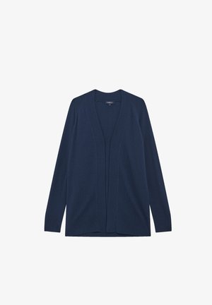 Dunkelblauer Cardigan aus weichem Strickmaterial, mit offenem Vorderteil, langen Ärmeln und lockerer Passform ohne Knöpfe oder Verschlüsse.