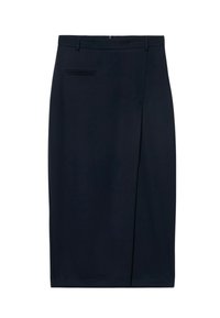 Marineblauer Bleistiftrock aus glattem Stoff, mit einem Schlitz vorne, einer Gesäßtasche und einer taillierten Silhouette mit einem Reißverschluss an der Taille.