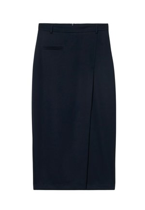 Navy kokerrok van gladde stof, met een split aan de voorkant, een achterzak en een getailleerd silhouet met een ritssluiting in de taille.