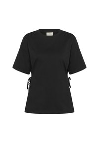 Black cotton t-shirt with a round neck, short sleeves, and side ties for adjustable fit. Smooth texture and relaxed shape.