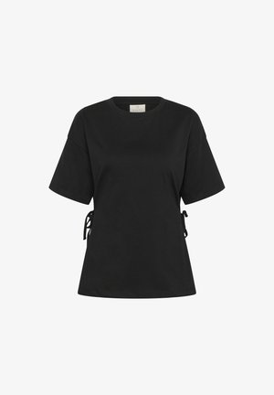 Black cotton t-shirt with a round neck, short sleeves, and side ties for adjustable fit. Smooth texture and relaxed shape.