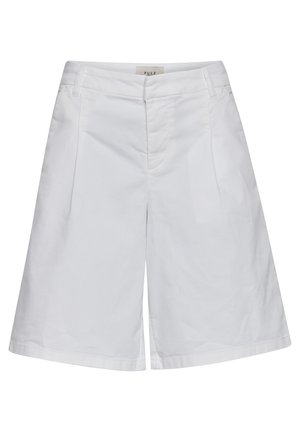 White cotton shorts with a tailored design, featuring front pleats, side pockets, and a smooth texture. Straight leg opening.