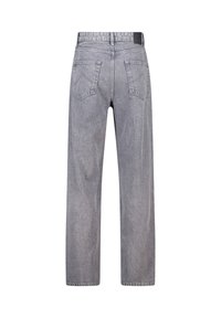 Jeans de tiro alto y pierna ancha en denim gris claro, que cuentan con dos bolsillos traseros y una cinturilla suave con una etiqueta negra.