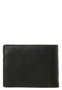 Portafoglio in pelle nera con superficie texturizzata, forma rettangolare e bordi cuciti. Nessun hardware o accentuazione visibili.