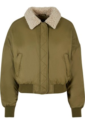 Giubbotto bomber verde oliva con colletto in shearling, polsini e vita a coste, caratterizzato da una parte anteriore trapuntata e tasche laterali.