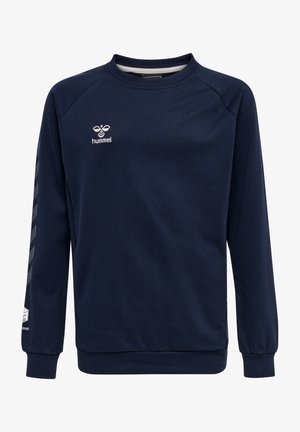 Sudadera azul marino de manga larga, con puños de canalé y cuello redondo. Cuenta con un logo en el pecho y un patrón de diseño Hummel en las mangas.