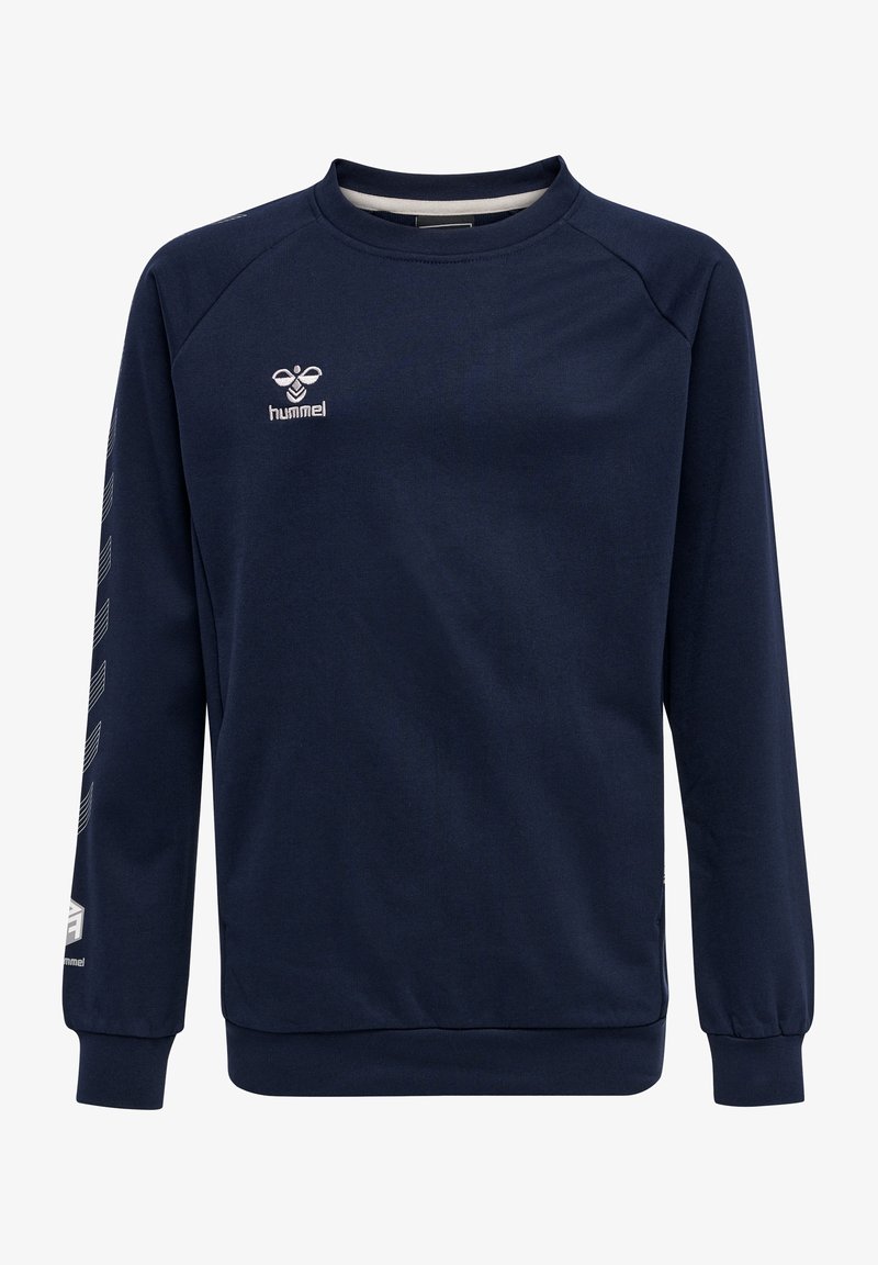 Sudadera azul marino de manga larga, con puños de canalé y cuello redondo. Cuenta con un logo en el pecho y un patrón de diseño Hummel en las mangas.