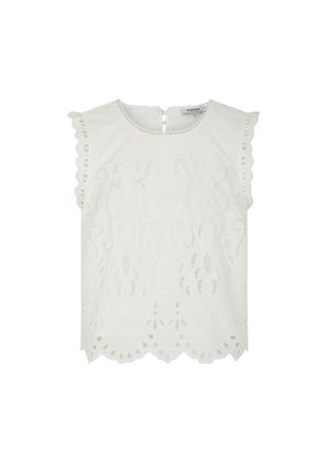 Blouse blanche sans manches avec bords festonnés et broderie florale découpée élaborée sur le devant et les manches.