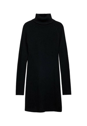 Robe noire à col roulé en tricot côtelé, avec des manches longues, une coupe décontractée et une longueur mi-cuisse.
