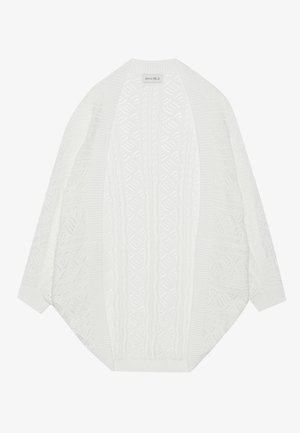 Cardigan blanc en tricot avec un devant ouvert, motifs texturés, manches larges et accents côtelés le long des bords. Design léger et aéré.