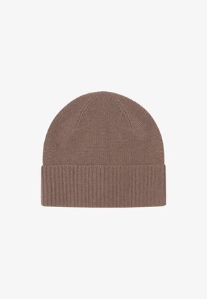 Brown knitted beanie hat with a folded ribbed cuff and smooth rounded crown on a white background.