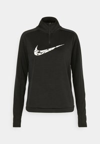 Svart långärmad tröja med kvartdragkedja och vit mönstrad Nike swoosh-logga på bröstet.