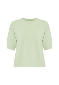T-shirt verde chiaro a maniche corte, realizzato in materiale morbido, con scollatura rotonda e vestibilità rilassata. Presenta polsini e orlo a costine.
