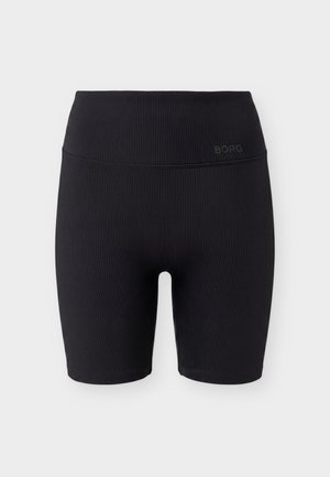 Crne rebraste biciklističke kratke hlače s visokim strukom, duljine do sredine bedra i diskretnim logotipom "BORG" na lijevoj kuk.