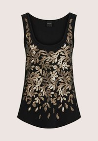 Zwarte tanktop met een bloemmotief in gouden pailletten, met een ronde halslijn en een iets uitlopende zoom. Zachte stoftextuur.